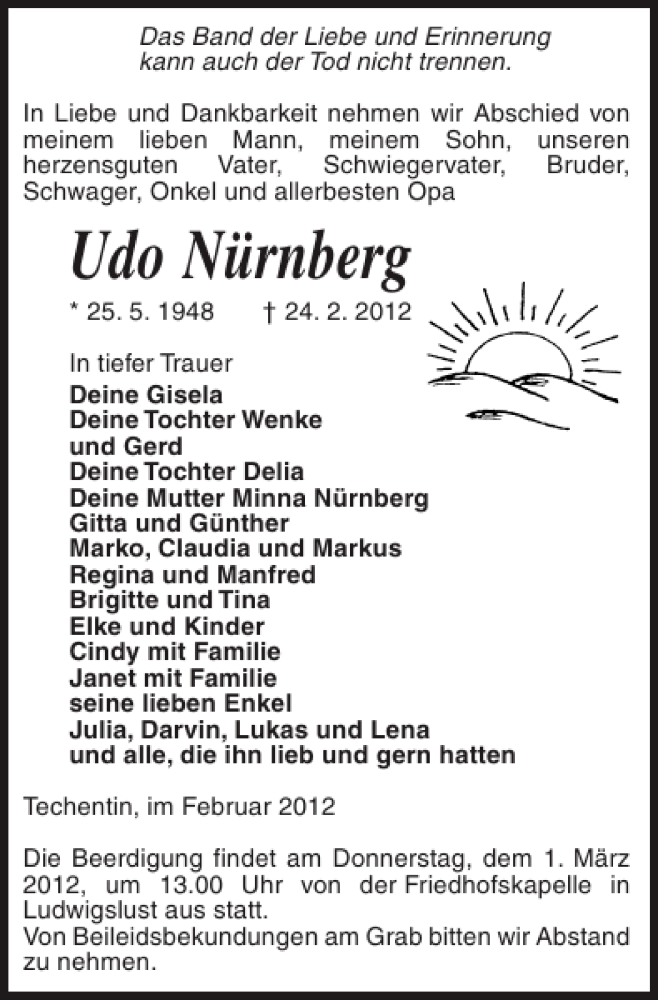  Traueranzeige für Udo Nürnberg vom 25.02.2012 aus Ludwigsluster Tageblatt