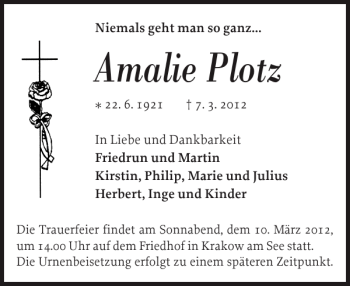 Traueranzeige von Amalie Plotz von Güstrower Anzeiger