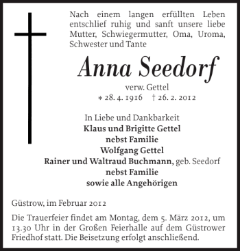 Traueranzeige von Anna Seedorf von Güstrower Anzeiger