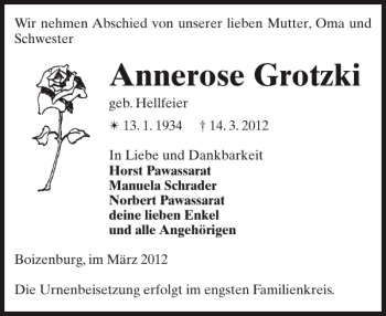 Traueranzeige von Annerose Grotzki von Hagenower Kreisblatt