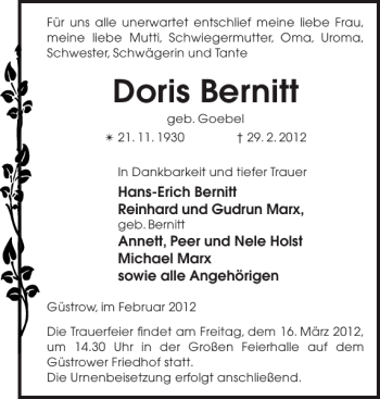 Traueranzeige von Doris Bernitt von Güstrower Anzeiger