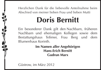 Traueranzeige von Doris Bernitt von Güstrower Anzeiger