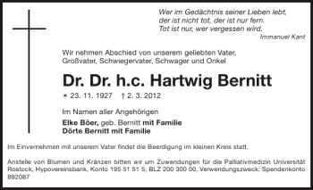 Traueranzeige von Dr. Dr. h.c. Hartwig Bernitt von Zeitung für die Landeshauptstadt