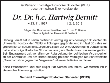 Traueranzeige von Dr. Dr. h.c. Hartwig Bernitt von Norddeutsche Neueste Nachrichten