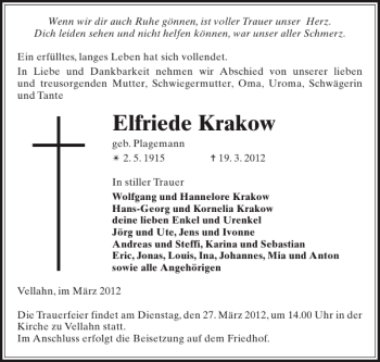 Traueranzeige von Elfriede Krakow von Hagenower Kreisblatt