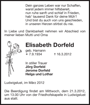 Traueranzeige von Elisabeth Dorfeld von Ludwigsluster Tageblatt