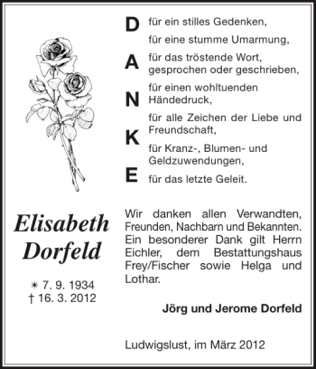 Traueranzeige von Elisabeth Dorfeld von Ludwigsluster Tageblatt