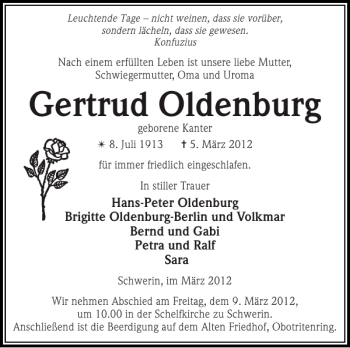 Traueranzeige von Gertrud Oldenburg von Zeitung für die Landeshauptstadt