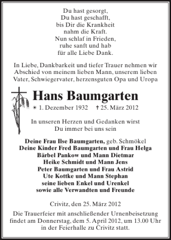 Traueranzeige von Hans Baumgarten von Zeitung für die Landeshauptstadt