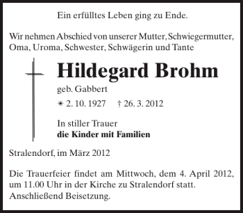 Traueranzeige von Hildegard Brohm von Zeitung für die Landeshauptstadt