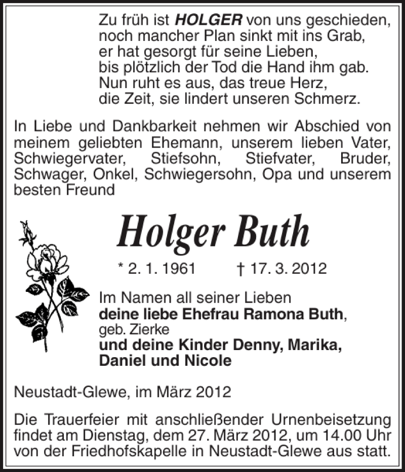  Traueranzeige für Holger Buth vom 21.03.2012 aus Ludwigsluster Tageblatt