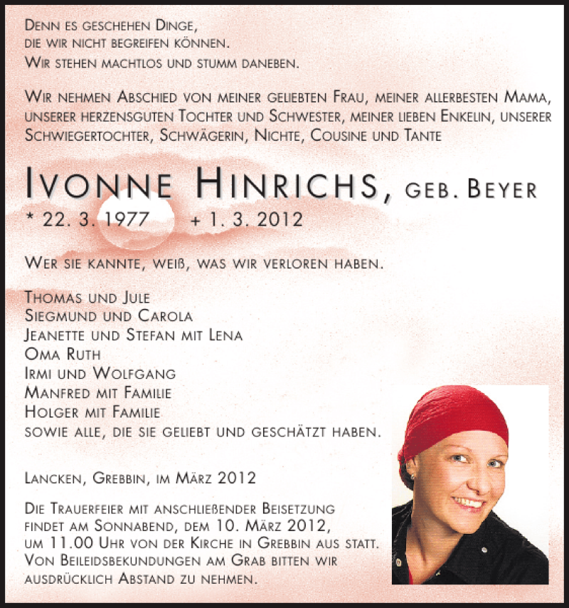  Traueranzeige für IVONNE HINRICHS vom 06.03.2012 aus Zeitung für Lübz - Goldberg - Plau