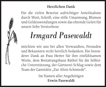 Traueranzeige von Irmgard Pasewaldt von Güstrower Anzeiger