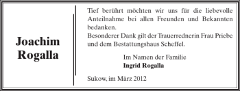 Traueranzeige von Joachim Rogalla von Zeitung für die Landeshauptstadt