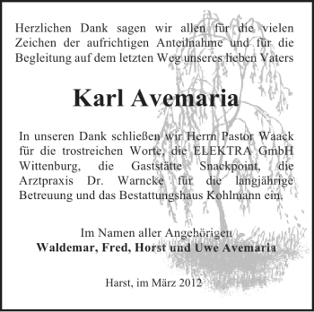 Traueranzeige von Karl Avemaria von Hagenower Kreisblatt