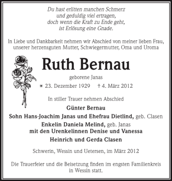 Traueranzeige von Ruth Bernau von Zeitung für die Landeshauptstadt