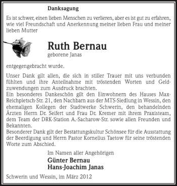 Traueranzeige von Ruth Bernau von Zeitung für die Landeshauptstadt