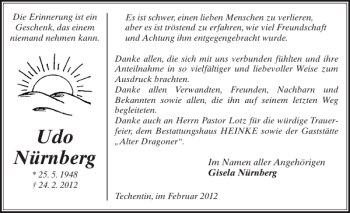 Traueranzeige von Udo Nürnberg von Ludwigsluster Tageblatt