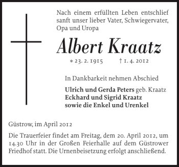 Traueranzeige von Albert Kraatz von Güstrower Anzeiger