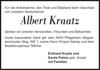 Traueranzeige von Albert Kraatz von Güstrower Anzeiger