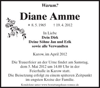 Traueranzeige von Diane Amme von Zeitung für Lübz - Goldberg - Plau