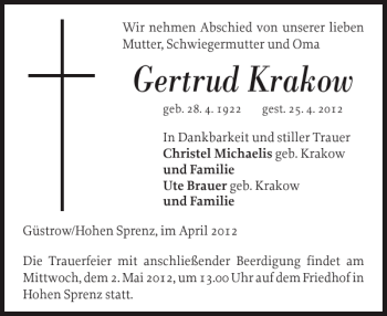 Traueranzeige von Gertrud Krakow von Güstrower Anzeiger