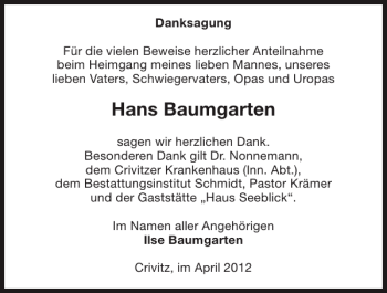 Traueranzeige von Hans Baumgarten von Zeitung für die Landeshauptstadt