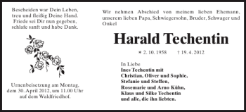 Traueranzeige von Harald Techentin von Zeitung für die Landeshauptstadt