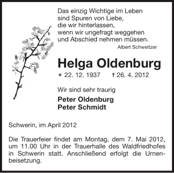 Traueranzeige von Helga Oldenburg von Zeitung für die Landeshauptstadt