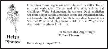 Traueranzeige von Helga Pinnow von Hagenower Kreisblatt