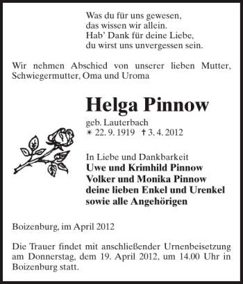 Traueranzeige von Helga Pinnow von Hagenower Kreisblatt