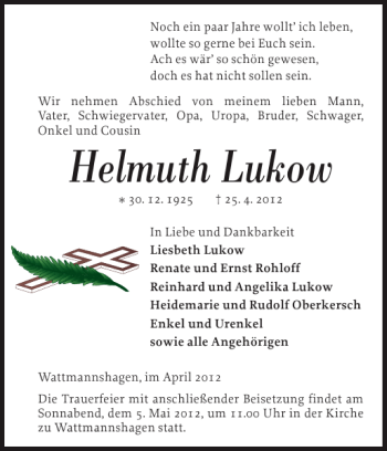 Traueranzeige von Helmuth Lukow von Güstrower Anzeiger