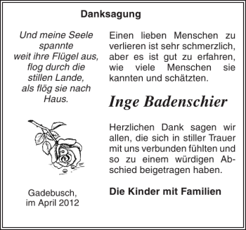 Traueranzeige von Inge Badenschier von Gadebusch-Rehnaer Zeitung