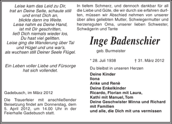 Traueranzeige von Inge Badenschier von Gadebusch-Rehnaer Zeitung