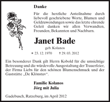 Traueranzeige von Janet Bade von Gadebusch-Rehnaer Zeitung