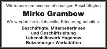 Traueranzeige von Mirko Grambow von Hagenower Kreisblatt