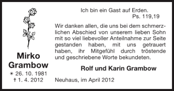 Traueranzeige von Mirko Grambow von Hagenower Kreisblatt