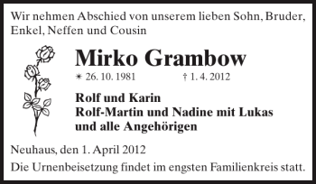 Traueranzeige von Mirko Grambow von Hagenower Kreisblatt