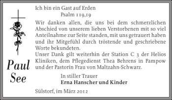 Traueranzeige von Paul See von Zeitung für die Landeshauptstadt