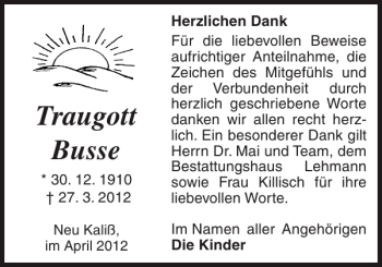 Traueranzeige von Traugott Busse von Ludwigsluster Tageblatt