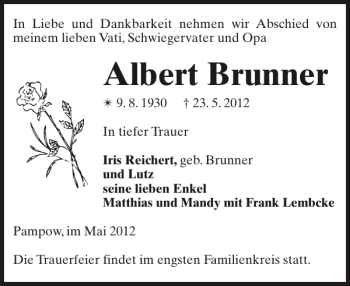 Traueranzeige von Albert Brunner von Zeitung für die Landeshauptstadt