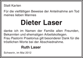 Traueranzeige von Dieter Laser von Zeitung für die Landeshauptstadt