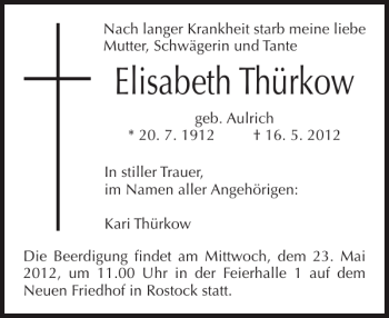 Traueranzeige von Elisabeth Thürkow von Norddeutsche Neueste Nachrichten