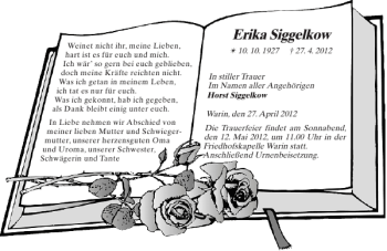 Traueranzeige von Erika Siggelkow von Anzeiger für Sternberg - Brüel - Warin