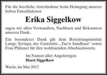 Traueranzeige von Erika Siggelkow von Anzeiger für Sternberg - Brüel - Warin