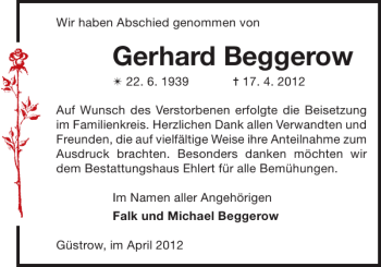 Traueranzeige von Gerhard Beggerow von Güstrower Anzeiger