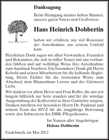 Traueranzeige von Hans Heinrich Dobbertin von Gadebusch-Rehnaer Zeitung