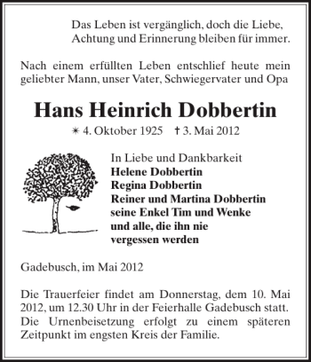 Traueranzeige von Hans Heinrich Dobbertin von Gadebusch-Rehnaer Zeitung