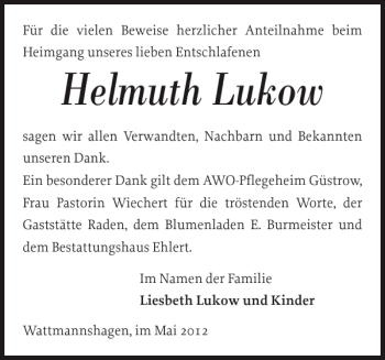 Traueranzeige von Helmuth Lukow von Güstrower Anzeiger