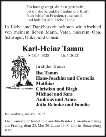 Traueranzeige von Karl-Heinz Tamm von Hagenower Kreisblatt